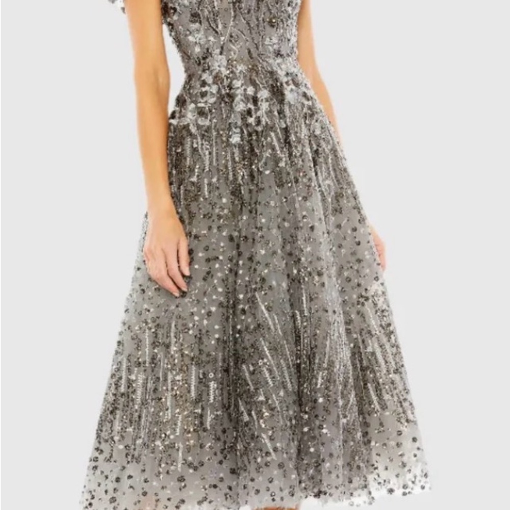 Mac Duggal Silver Beaded Midi Dress